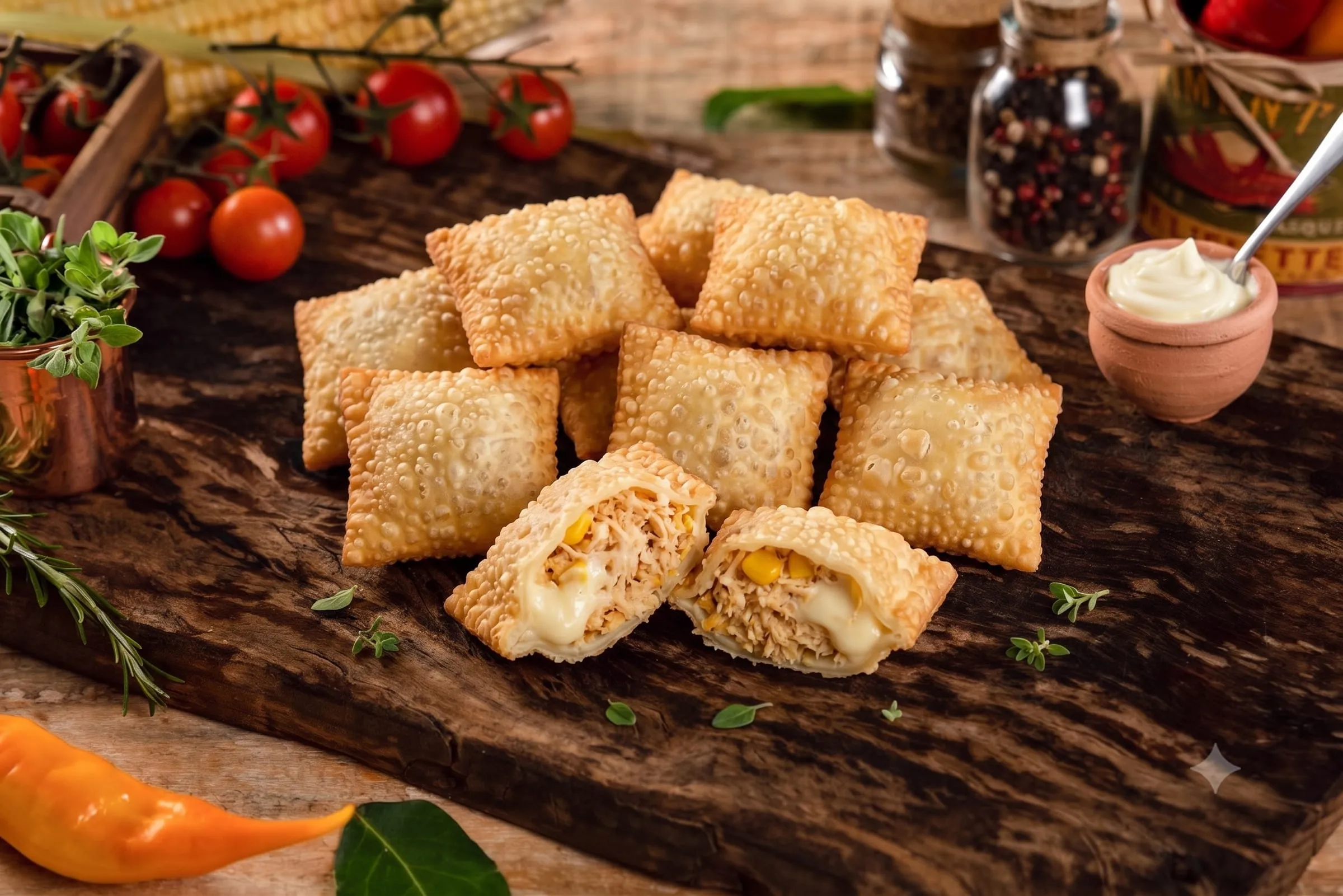 Mini pastéis fritos sobre tábua de madeira